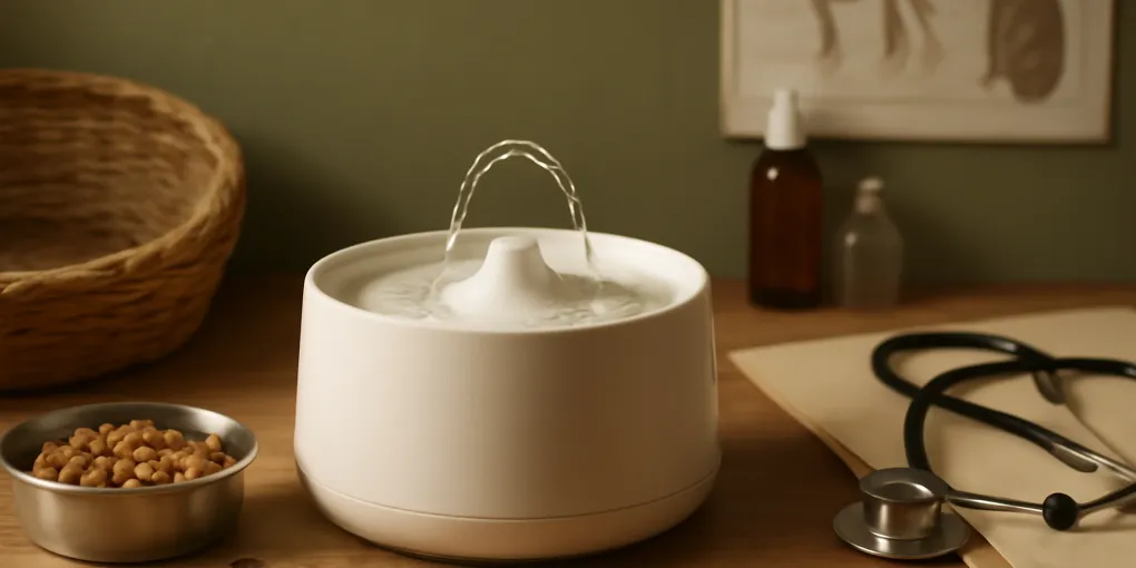 Photorealistic pet-care setup for do cat water fountains help cats drink more with no faces, logos, or text