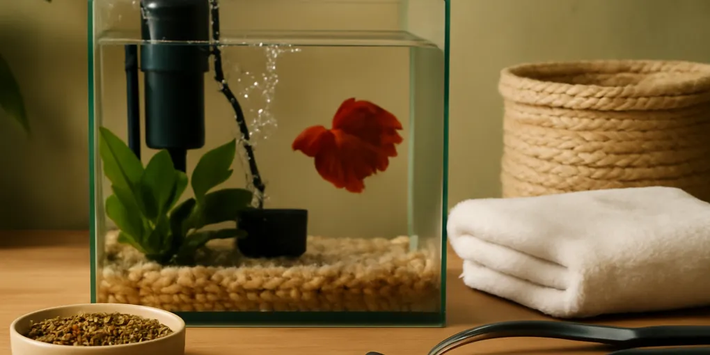 Small planted betta aquarium with sponge filter, heater, test kit bottles without labels, and calm water surface