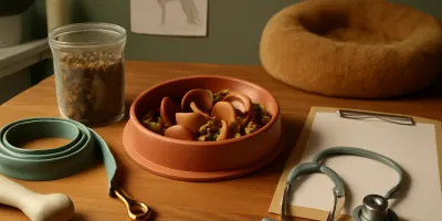 A dog eating from an unbranded slow feeder bowl on a clean kitchen floor