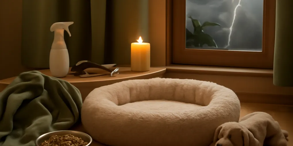 Cozy dog thunderstorm safe room with covered crate, washable bed, white noise speaker, water bowl, and closed curtains