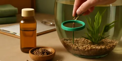 Small aquarium with a floating feeding ring, calm surface water, and tropical fish approaching flakes