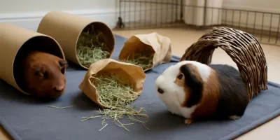 Two guinea pigs exploring hay-filled cardboard tunnels and paper forage parcels in a clean floor pen