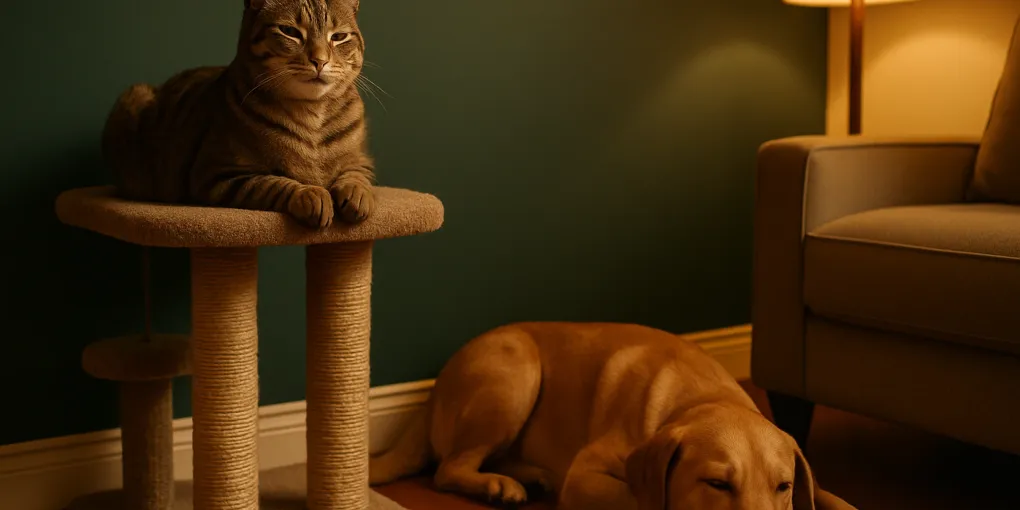 A relaxed cat sitting on a cat tree shelf observing a calm dog in a living room below