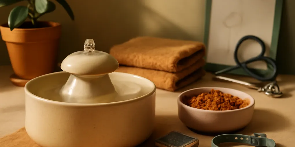 Photorealistic home scene illustrating a curious cat calmly approaching a stainless steel water fountain in a quiet kitchen