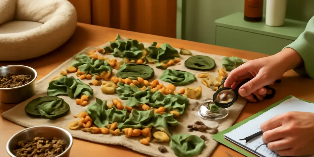 A medium-sized dog calmly searching a washable snuffle mat for kibble on a clean kitchen floor