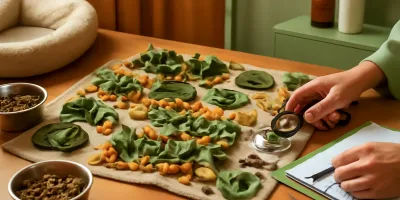 A medium-sized dog calmly searching a washable snuffle mat for kibble on a clean kitchen floor