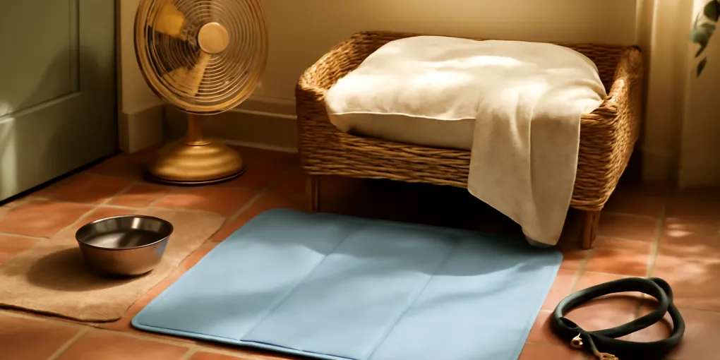 Dog resting beside a shaded cooling mat, raised water bowl, and fan in a bright home entryway
