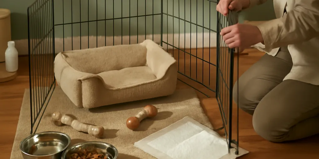 Photorealistic puppy playpen in a bright living room with washable floor mat, crate, water bowl, chew toy, and a resting puppy