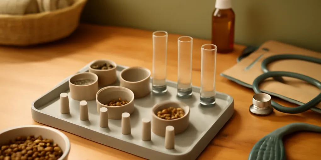 Indoor cat using a simple puzzle feeder on a washable mat with measured kibble and a separate water bowl nearby