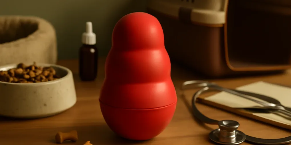 Unbranded red wobble-style dog treat dispenser on a washable mat with scattered kibble and leash nearby