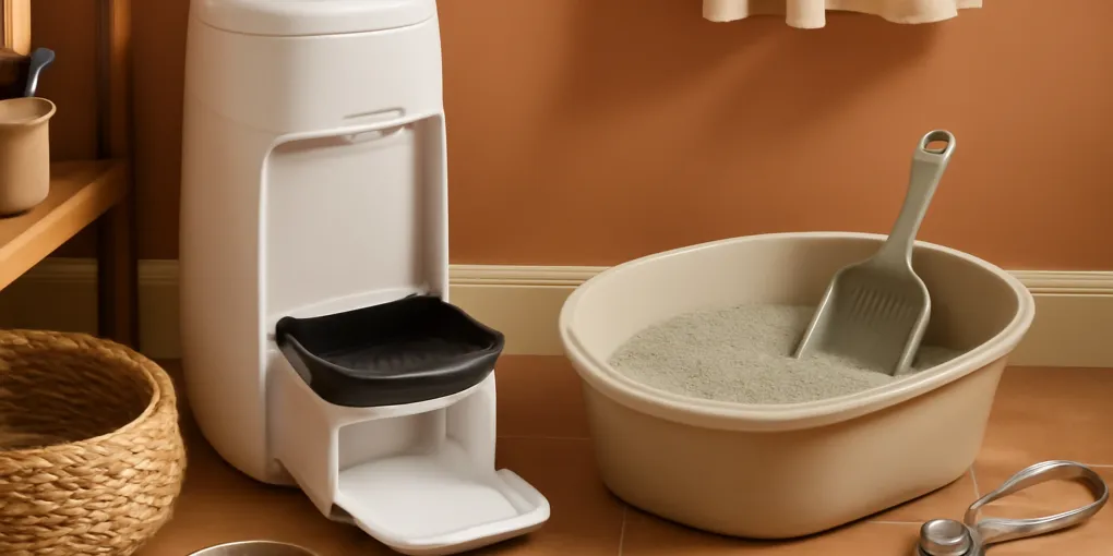Photorealistic pet-care setup for Litter Genie Easy Roll review with no faces, logos, or text