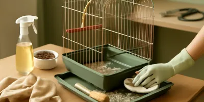 Clean parakeet cage with natural perches, fresh dishes, and two budgies nearby
