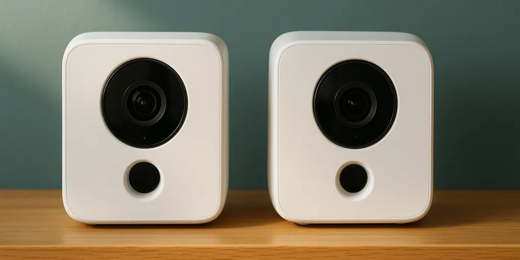 Two pet cameras side by side on shelf with dog in background