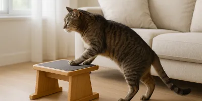 Senior tabby cat placing its front paws on a low stable step beside a sofa in a calm living room