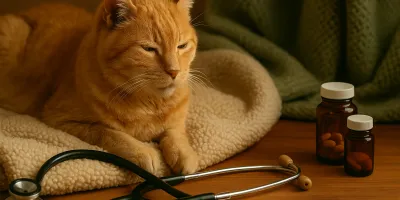 Senior cat in a comfortable warm bed with natural lighting