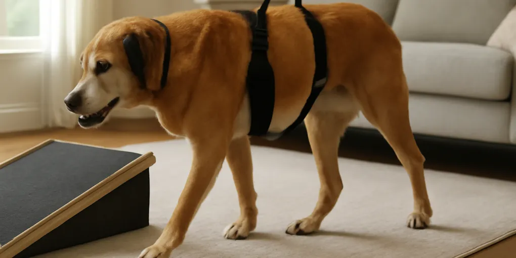 Senior golden retriever walking on nonslip rugs beside a low ramp and supportive harness in a bright living room